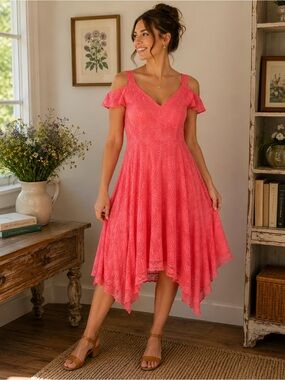 17.) Cold-Shoulder Coral Midi Dress - Asymmetrical Hem